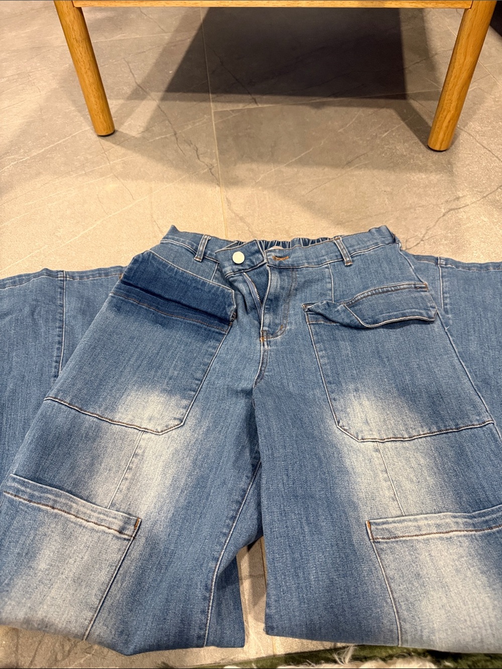Wide Leg Washed Blue Women's Cargo Jeans